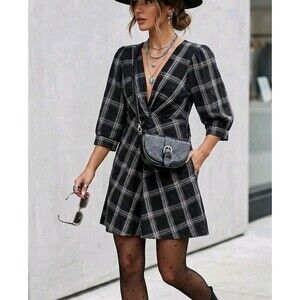 Free People Miss Molly Plaid Twist Front Puff Sleeve Boho Cottagecore Mini Dress